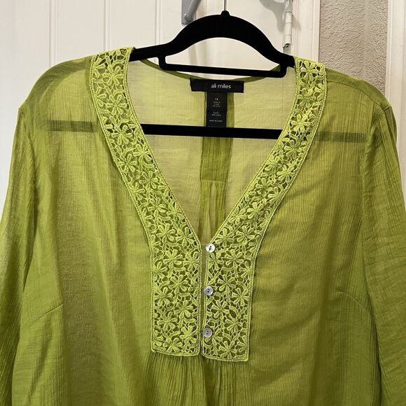 Ali Miles Green Sheer Popover Boho Peasant Top Long Sleeves Womens Size 1X - Picture 2 of 11